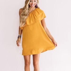 Guess Mustard Yellow Off Shoulder Mini Dress M NWT